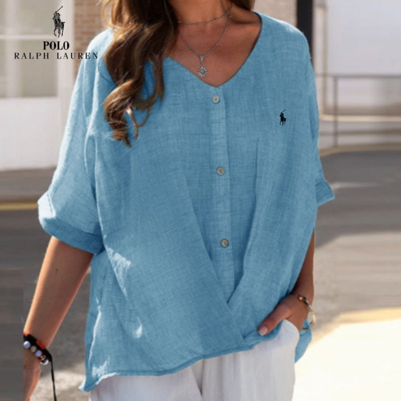 Chemise en lin à col en V et volant pour femme Ralph Lauren