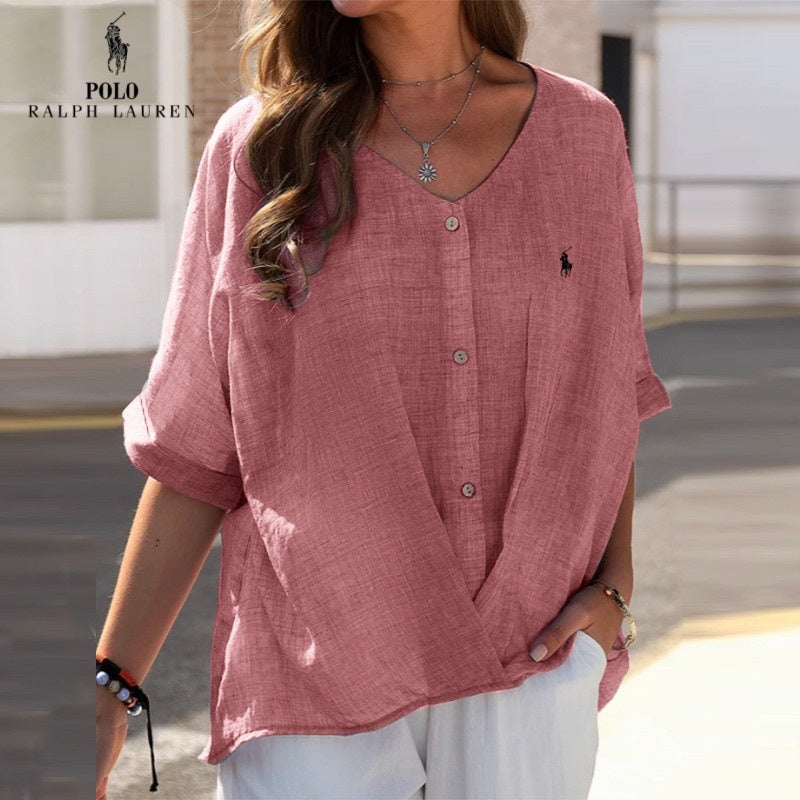 Chemise en lin à col en V et volant pour femme Ralph Lauren