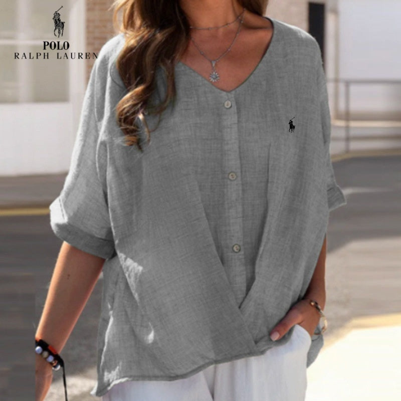 Chemise en lin à col en V et volant pour femme Ralph Lauren
